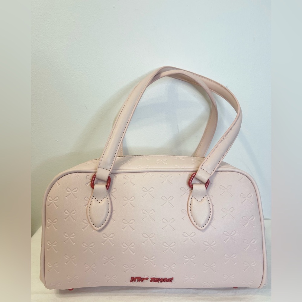 Betsey Johnson Pink Embossed Bow Satchel with Red Bows - Picture 3 of 11